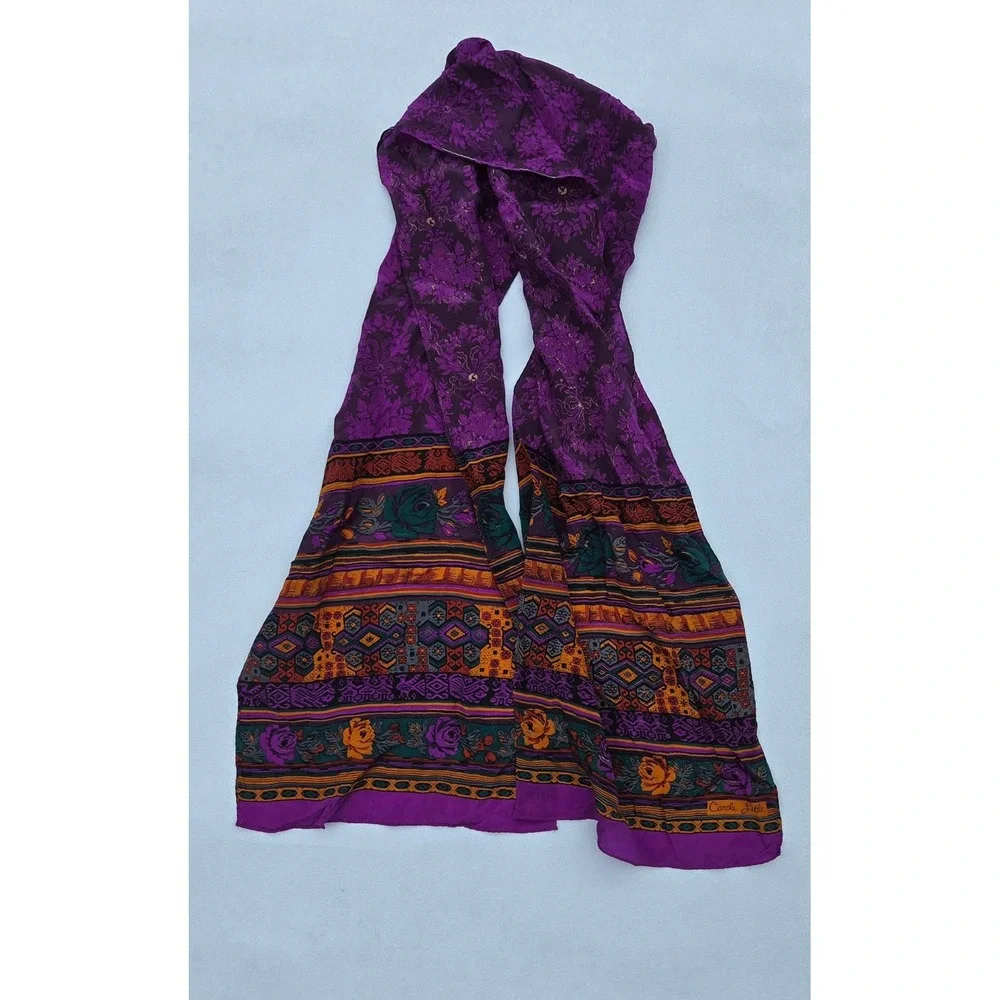 Carole Little Vintage Purple Silk Scarf Floral Geometric Gold Accent Boho 90s